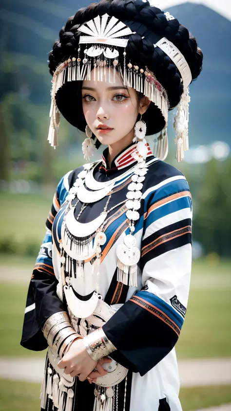 (good structure),high dynamic range,ultra high definition,8k,yi ethnic luoguo hat,1girl,chinese yi ethnic clothing,silver metal ...