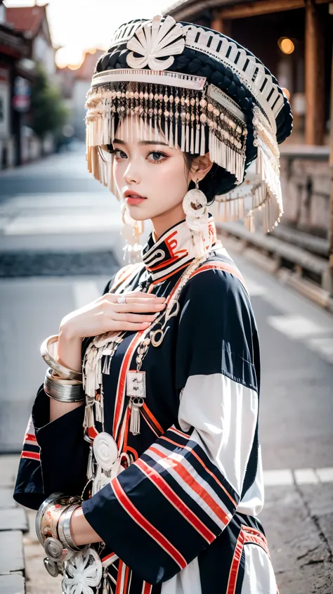 (good structure),high dynamic range,ultra high definition,8k,yi ethnic luoguo hat,1girl,chinese yi ethnic clothing,silver metal ...