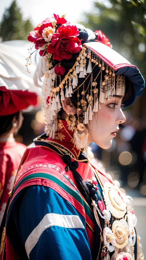 (good structure),high dynamic range,ultra high definition,8k,1girl,chinese yi ethnic clothing, blurry, earrings, holly, jewelry,...