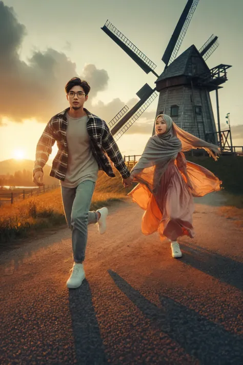 they are running down the road with a windmill in the background, taken at golden hour, cinematic photo shoot, shot at golden ho...