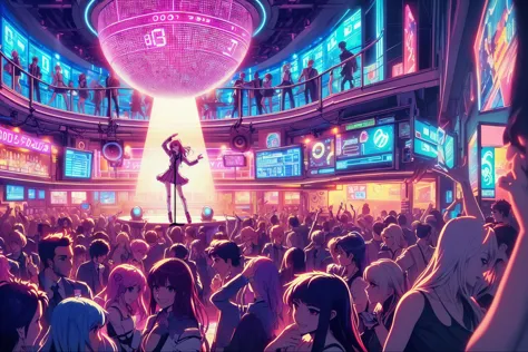 night club with lots of anime woman dancing, synthwave, 90's night club, anime style