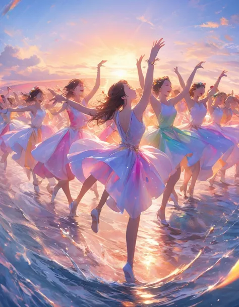 a captivating image of people dancing on the surface of a calm sea. the dancers are dressed in vibrant, colorful clothing, and t...