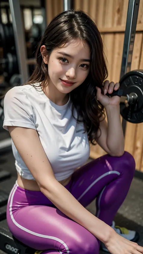 slender korean girl, 22 years girl, kpop idol, ((gym uniform with purple t-shirt and pink pant)), ((top quality, 8k, masterpiece...