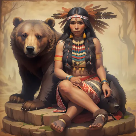 a beautiful indigenous woman sitting on top of a bear, cabelos pretos longos cacheados com franja, rosto bonito, imagem alto det...