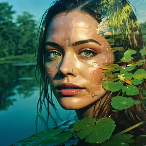 (double exposure:1.3), effect of a women's face superimposed on a pond, evening light, ultra detailed