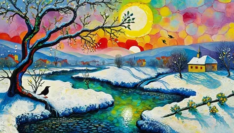 morning, sunrise, spring, snow melts, a stream runs, a starling sits on a branch,((marc chagall style)), magical naive art, prim...