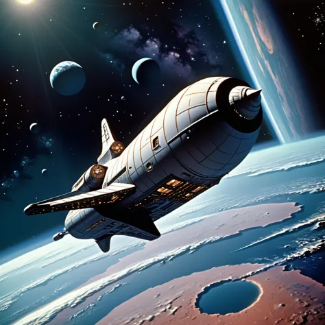 (((external image of ship in outer space orbiting a planet))), (((long shot))), external image of an old starship from a 1960s t...