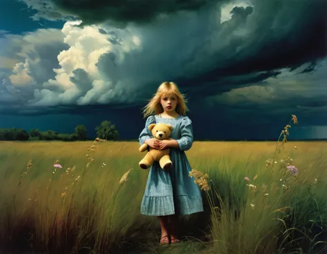 art by edward hopper and jan saudek full figure of a six yearold beautiful girl with windswept blonde hair standing in a meadow ...