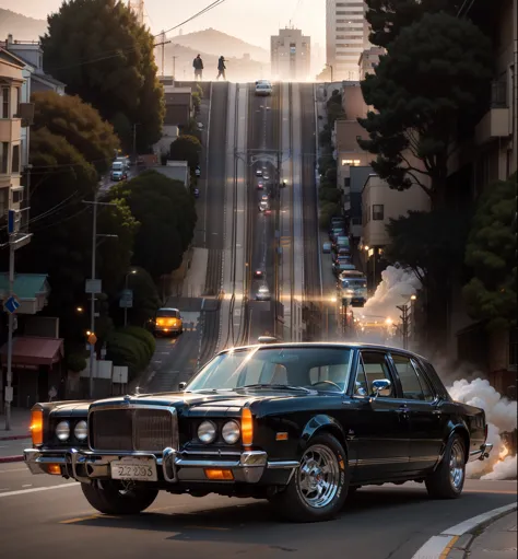 in the foreground, a gleaming, exhibition-quality ford lincoln catches the light, its chrome sparkling. behind it, the iconic sa...