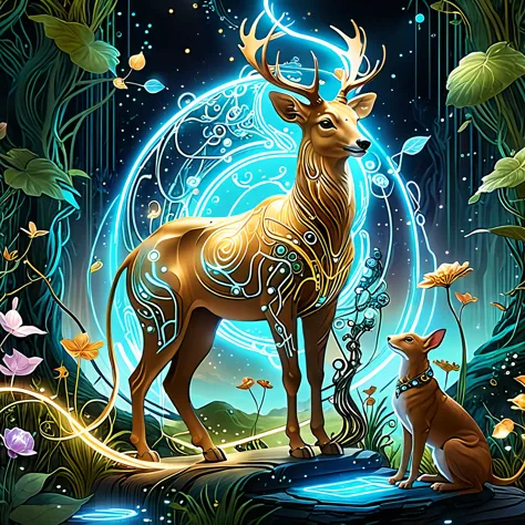 illustrate a whimsical eden where ai-powered creatures and enchanted organic beings engage in harmonious activities, blurring th...