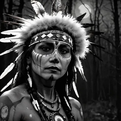 close-up, a female shaman of the native americans of the crow tribe. war paint, feathers, beads, beads . gloomy night lighting. ...