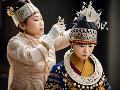 portrait photography，portrait photography，miao women wearing silver jewelry（silver ornaments on head and body：1.5）daughter weari...