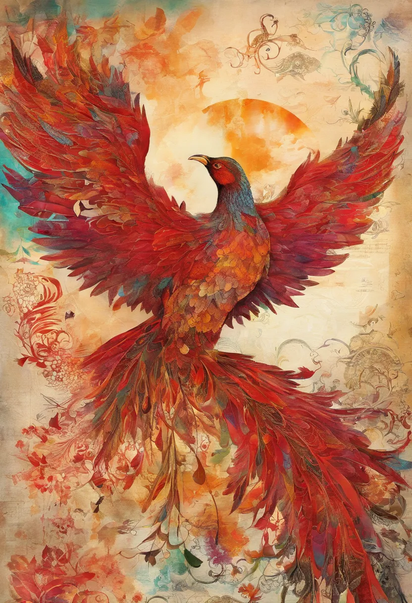 phoenix rouge flamboyant volant, fond soleil midi ::2 colorful ink painting ::2 art fantasy