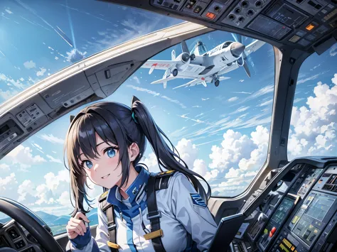 masterpiece, many large passenger aircraft、beautiful young pilot sitting in the cockpit、light blue long hair、beautiful girl with...