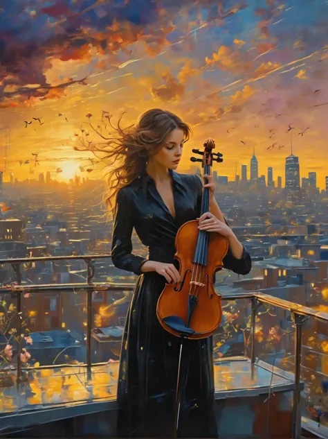 a soulful musician playing the violin on a rooftop at dusk, sheet music, musical notes, reflective, city skyline, dramatic sunse...