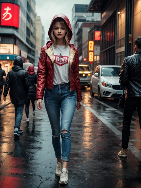 a picture of a modern brave and smart beautiful golden haired woman wears red jacket with hood walks in torrential rain confiden...