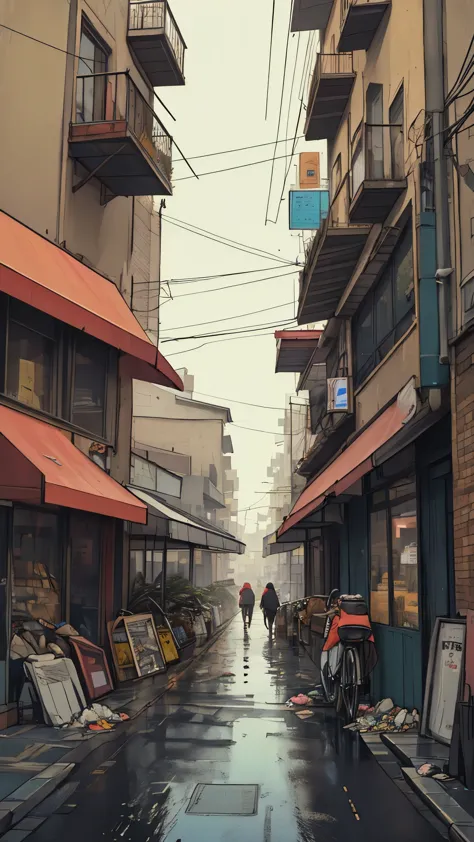 photo of a cafe, wet street, buildings, busy street, cycle, garbage, nostalgia, ultra quality, hyper detailed,