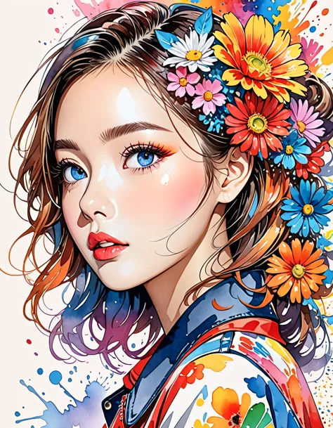 hiromi matsuo style、(((stylish fashion))), 8k quality、intense watercolor, detailed watercolor art, watercolor splash, surreal, a...