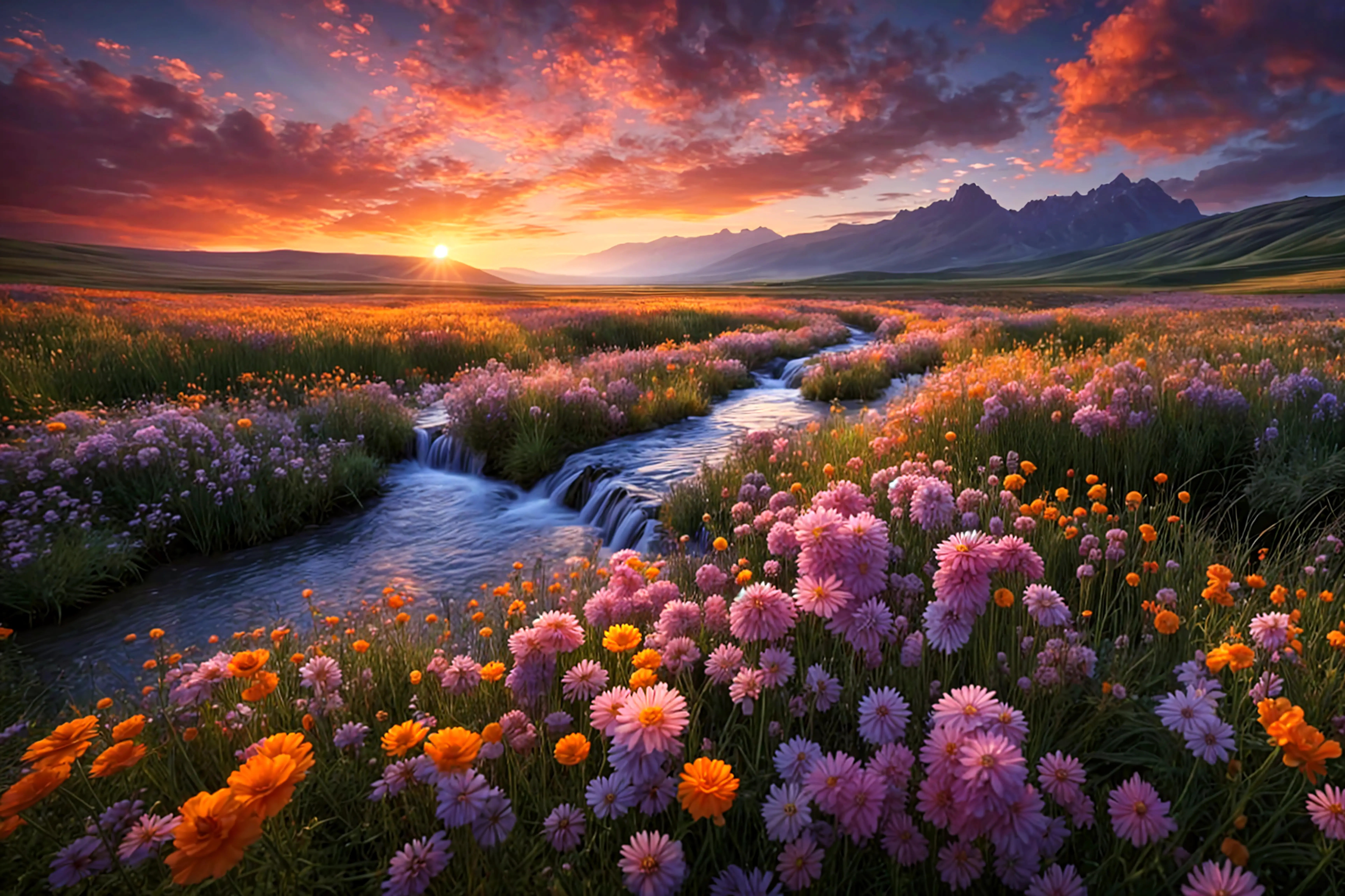 flowers are blooming in a field near a stream at sunset