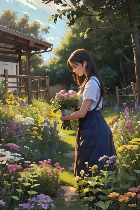 young woman, who loves to grow flowers in her yard and take care of them.