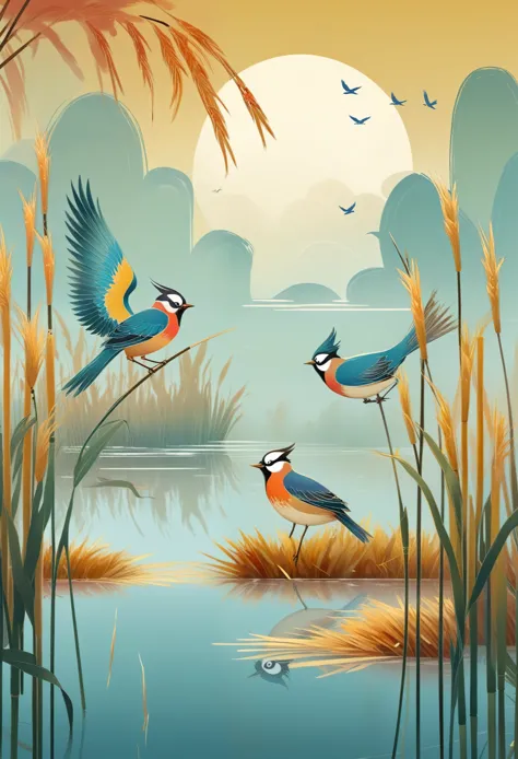 two birds on the reeds, late autumn festival，2d game art style, digital art techniques, organic biomorphology，chinese style，chin...