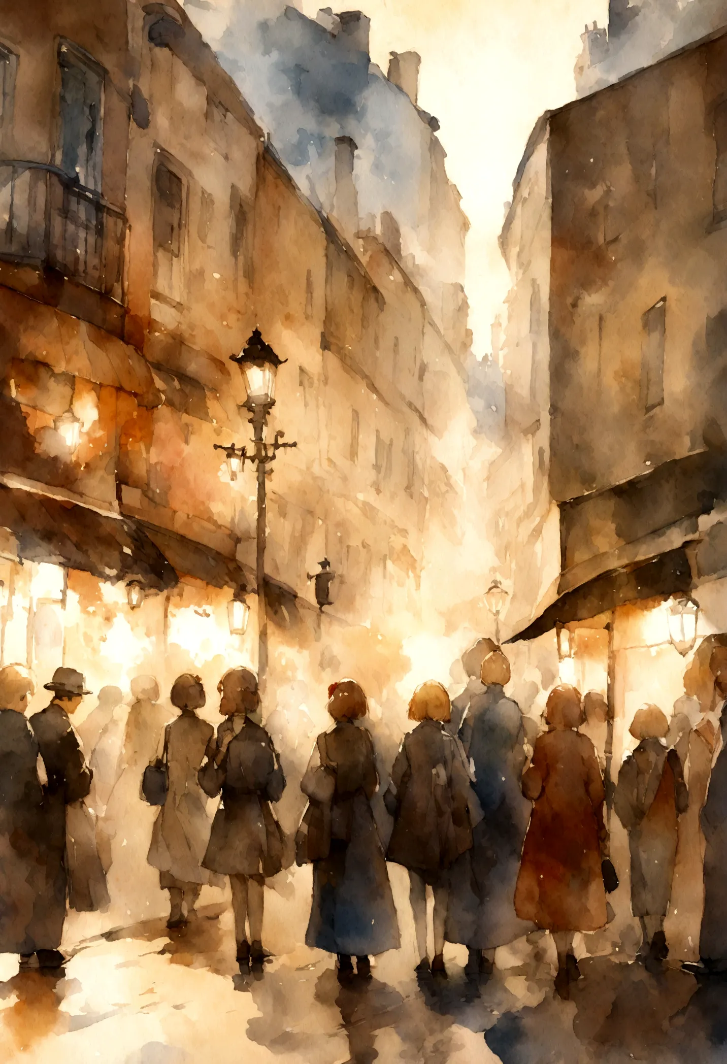 paris street, flashlight, watercolor