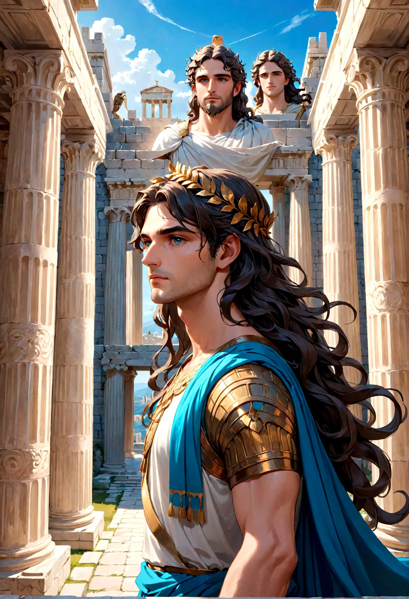 ancient greek god, with long wavy hair, among beautiful ancient castles and columns