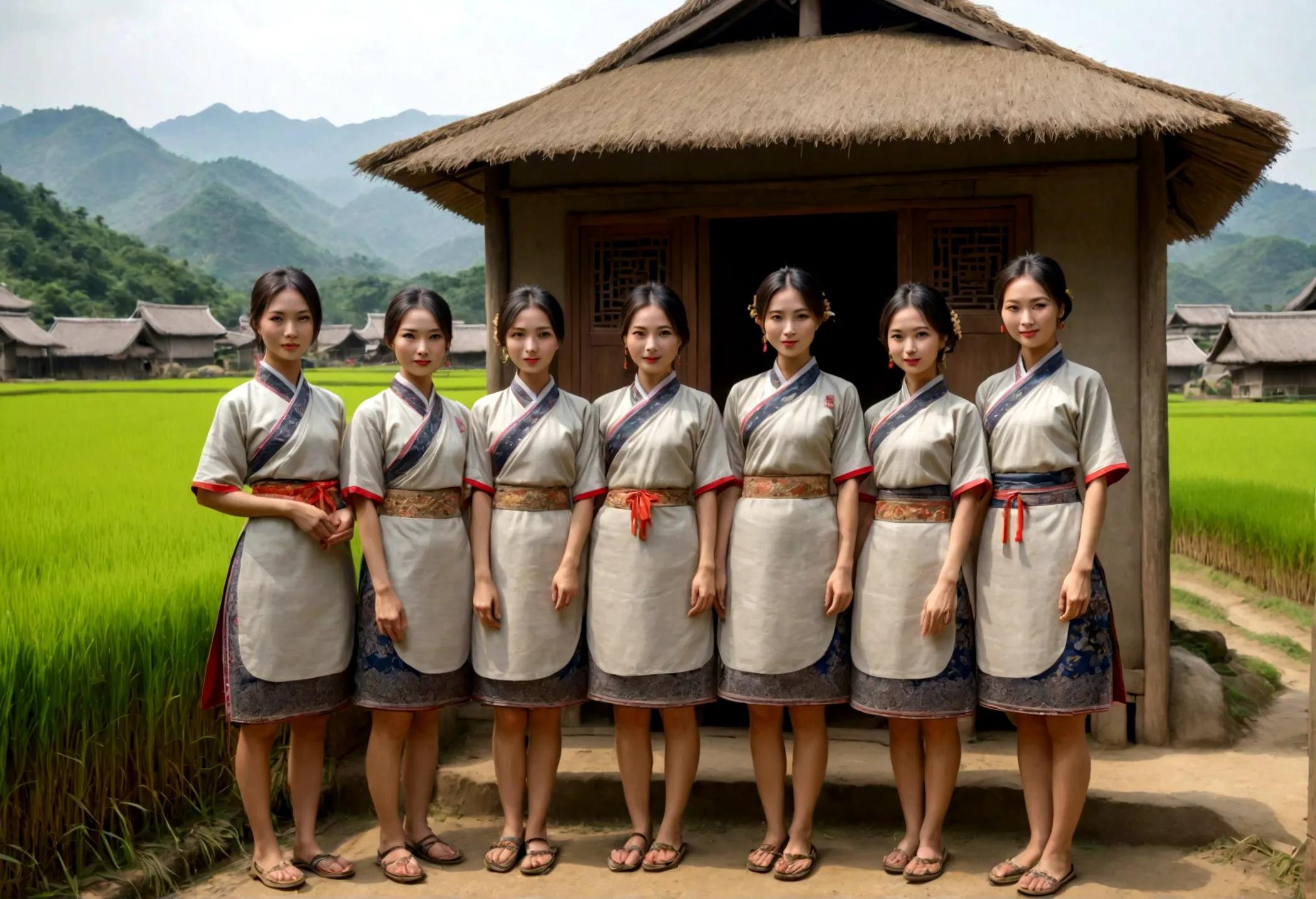 ((best quality)), ((masterpiece)), (detailed), 5girl, five women standing in front of village hut in the asian region looking to...