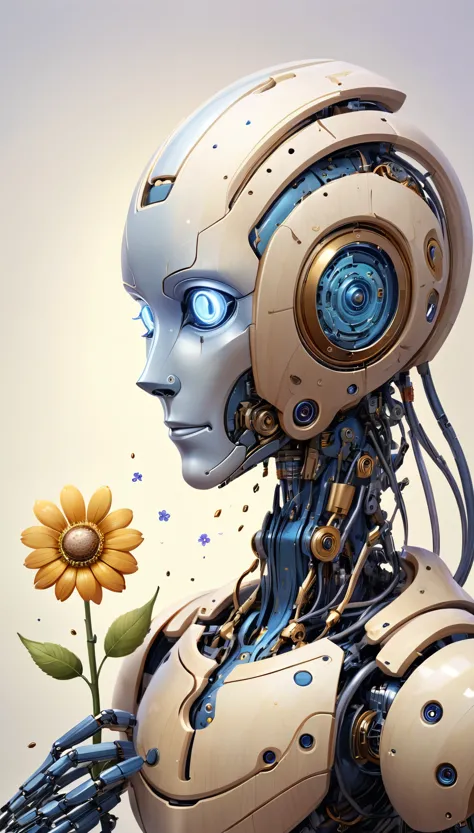 a wooden robot holding a delicate flower. the robot should have an intricate design with visible joints and mechanical parts, pr...