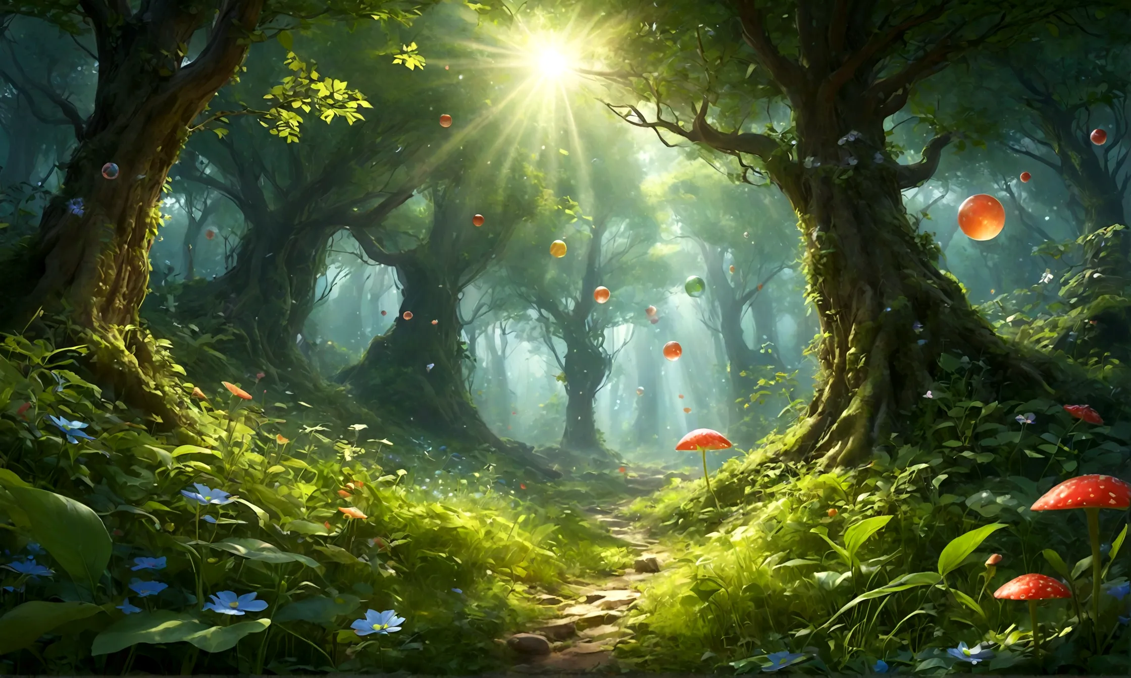 mysterious forest in early summer、gentle sunlight through the trees、fresh greenery、fantastic plants、lush forest leaves, grass an...