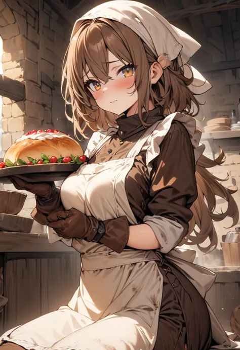 (masterpiece:1.2),(best quality:1.2),(masterpiece, best quality, ultra-high resolution), (1girl), medieval baker, brown hair, wa...