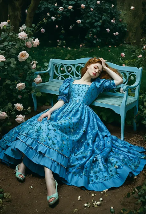 arafed woman in a blue dress laying on a bench in a garden, monia merlo, persephone in spring, fine art fashion photography, oph...