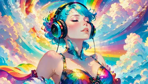 a stunningly ethereal woman, wearing headphones, composed of a dazzling array of rainbow hues, reclines gracefully at the end of...