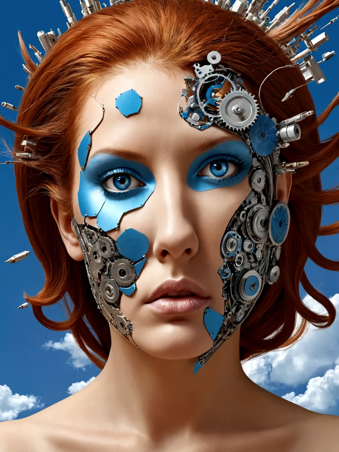 beauty appearance , ruiva, ogiva explosiva, machine parts, that are embedded in the face, transitional, inspirado em igor morski...