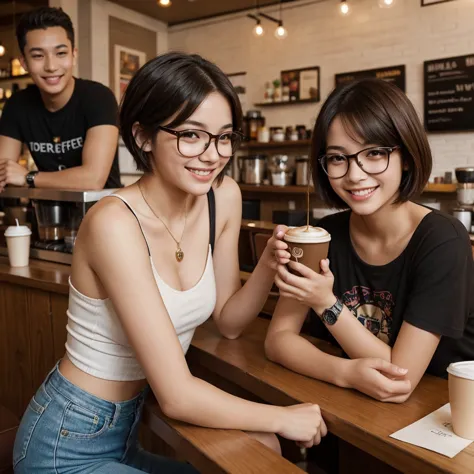 a beautiful plump woman with short, shoulder-length hair and glasses watches teenage boys sitting on her left and right smiling ...