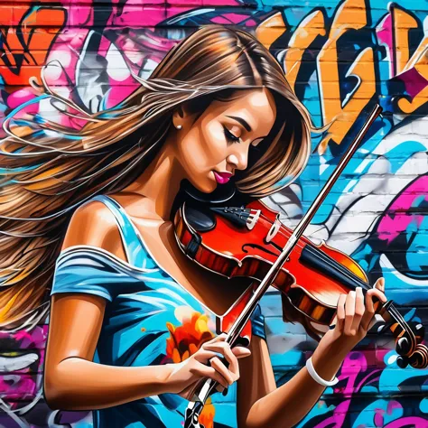 a beautiful girl playing the violin with a vibrant graffiti-covered wall in the background, creating a striking contrast between...