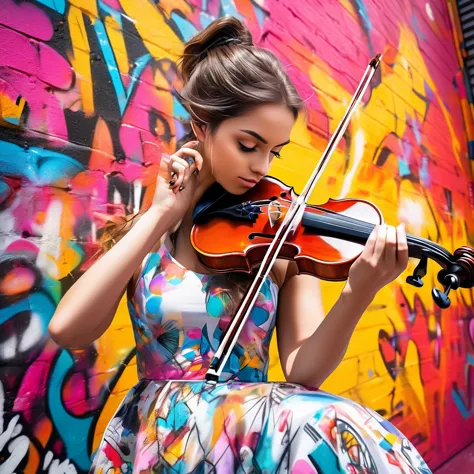 a beautiful girl playing the violin with a vibrant graffiti-covered wall in the background, creating a striking contrast between...