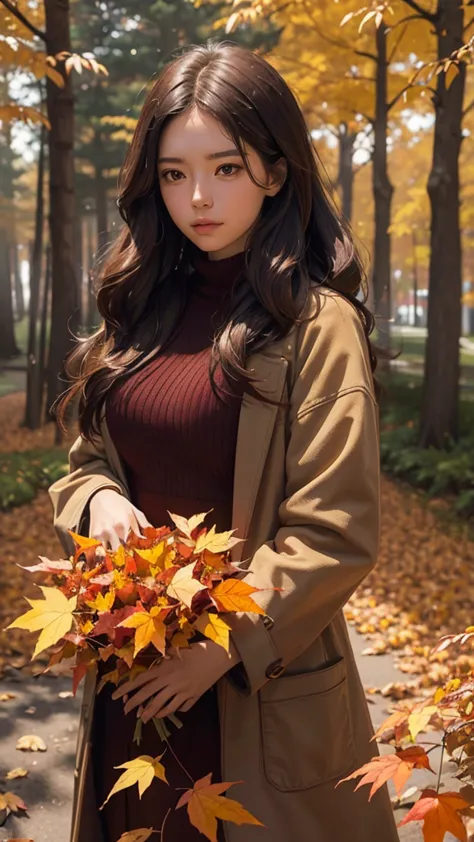 create a captivating digital painting of a young woman with long, flowing hair, standing in an autumn setting. she is wearing a ...