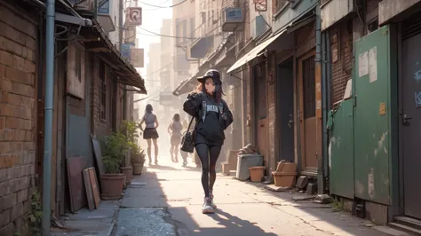 alley scene with a hip hop girl in the background making faces at a camera