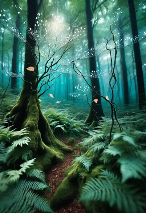 "create an imaginative artwork of a  interacting with a forest, where the  is engaging with the environment in a creative and ar...