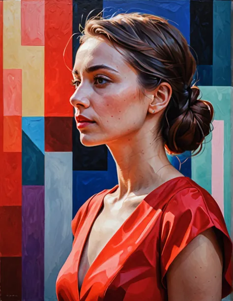 portrait of a woman, side view, gouache painting style, geometric shading, serene expression, vibrant red dress, minimalistic ba...