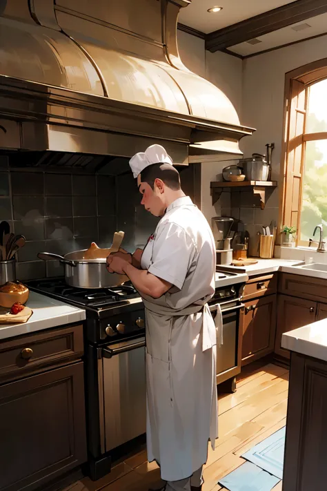 a hyper-realistic image of a very large and busy kitchen with a very large pot on a large stove. the chef intends to cook a pig,...