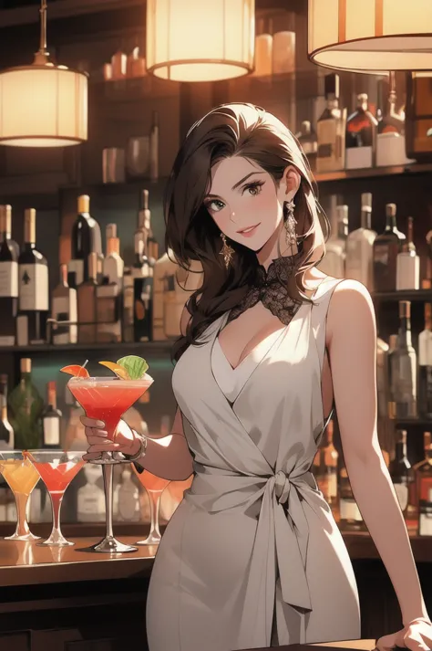 1lady standing, (holding up cocktail glass) (presenting cocktail glass toward viewers), bartender, (black vest over white dress ...