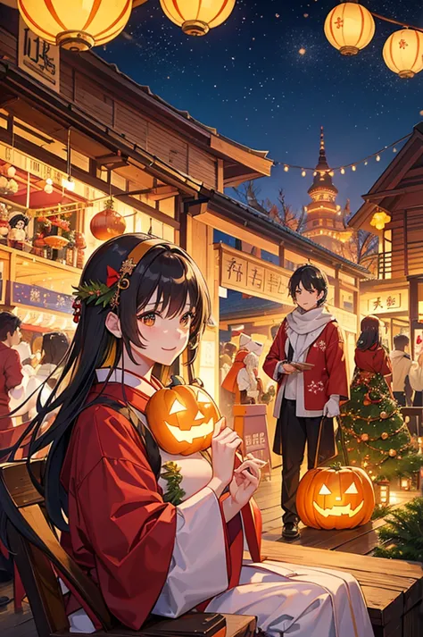 at the christmas event venue、japanese festival lanterns and halloween pumpkins hang from above。the venue was decorated with fire...