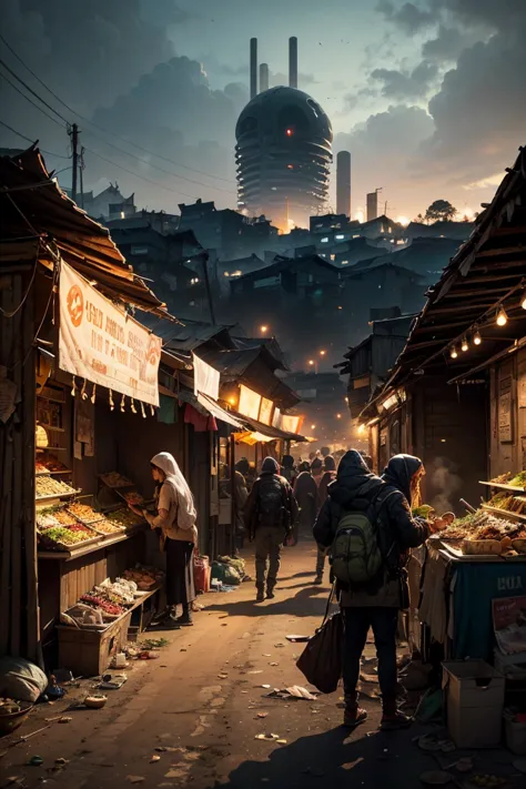 very detailed, ((slums of the wilderness)), ((aliens coming and going)), ((a crowd of food stalls)), insanely detailed images, c...