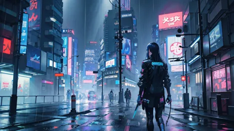 cyberpunk city, futuristic, heavy rain, 8k, アニメ壁紙 8k, absurd, super sharp, night, street, japan, blue atmosphere, raindrop, rain...