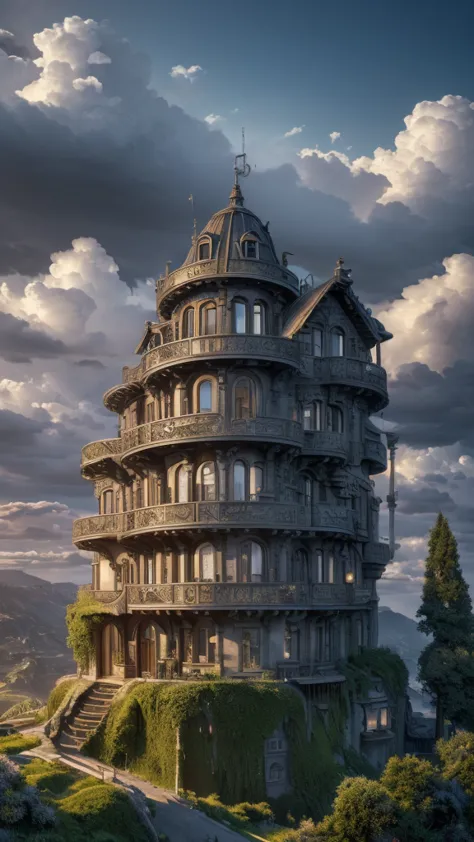 a surreal house without doors on a hill, roof made of clouds, silver fish in the windows, old clock in front, (best quality,4k,8...