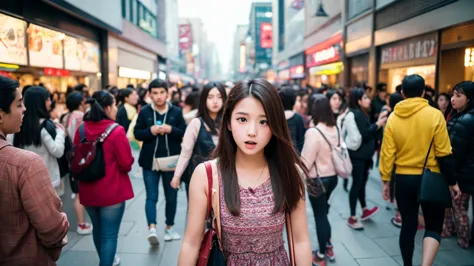 the teenage girl is standing in the middle of a crowded plaza. people around her are engaged in various activities, such as talk...