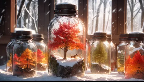 autumn maple tree in a bottle, fluffy, practical, atmospheric light refraction, outside the bottle is a winter snowy forest，phot...