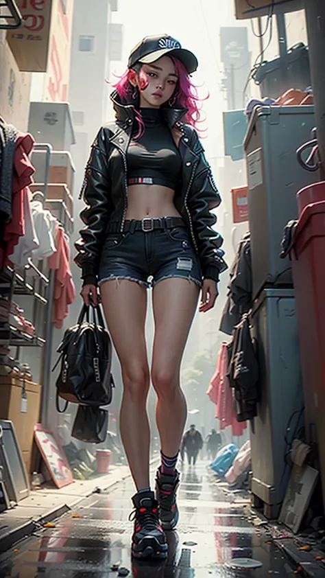 beautiful woman medium hair, wearing cap, cyberpunk style short clothes